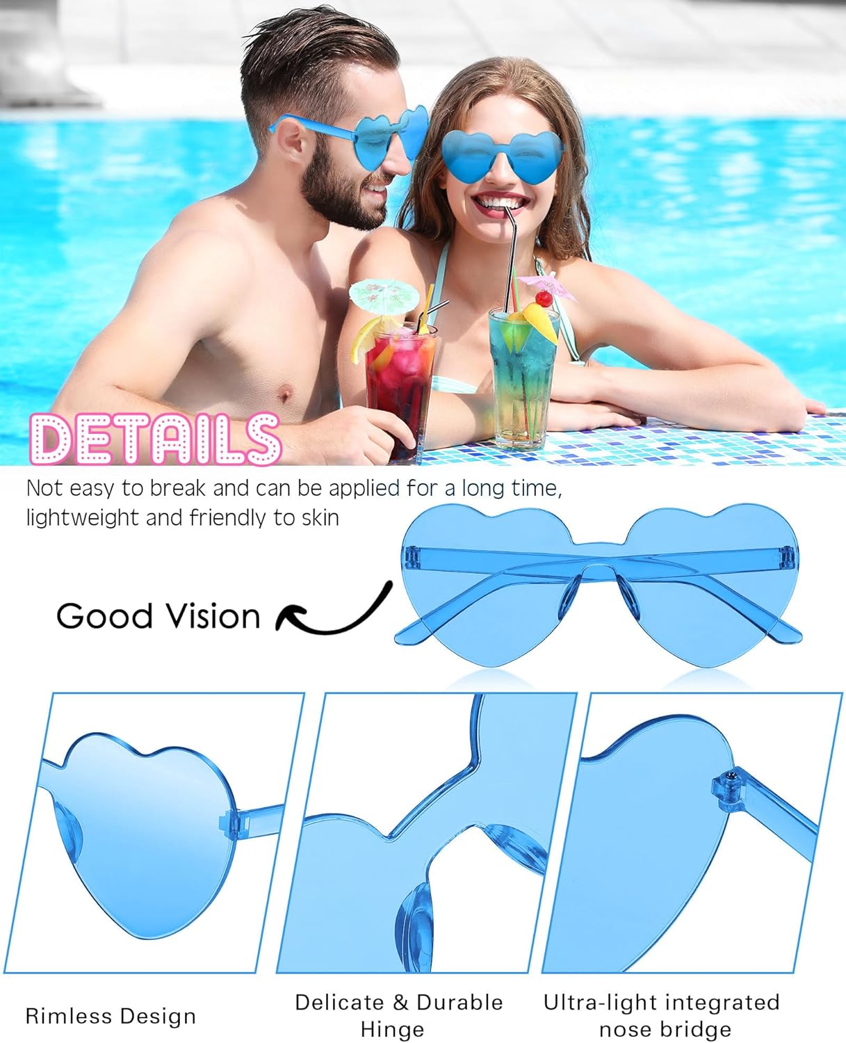 Frienda 8 Pairs Heart Shaped Sunglasses for Women Rimless Heart Glasses Candy Color Sunglasses for Party Favor