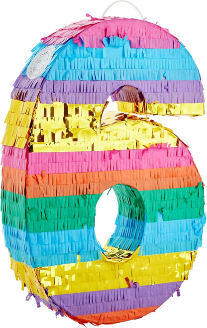 BLUE PANDA Rainbow Number 6 Pinata - Sturdy Corrugated Build & Easy Hang for Fiesta Party - Candy Filled 6th Birthday Party Surprise - Vibrant Tie-Dye Items for Kids - Small (16.5x11x3 In), Blue/White