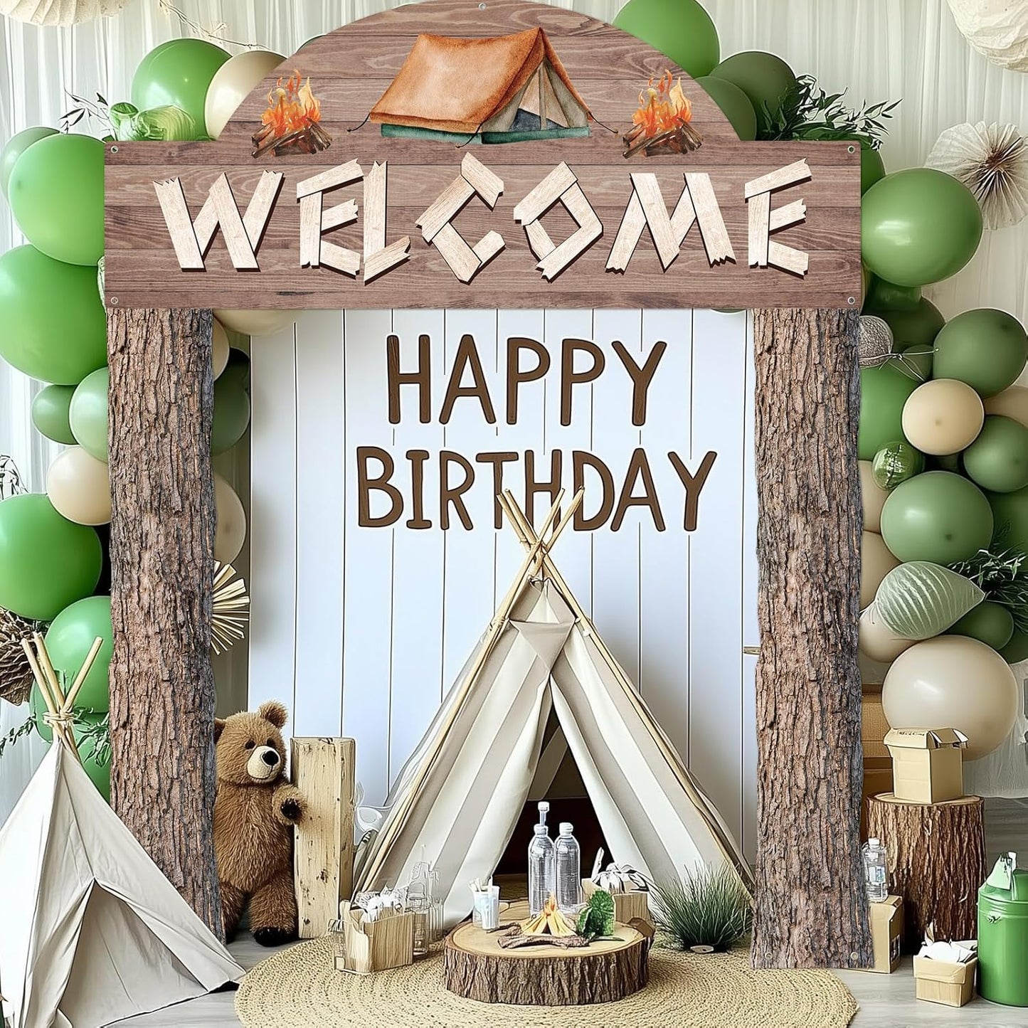 Peryiter 3 Pcs Camping Themed Party Decorations Banner Welcome Porch Sign with 1 Double Sided Tape for Summer Camp Birthday Hawaii Baby Shower Themed Party Activity Decor door (Forest Style)