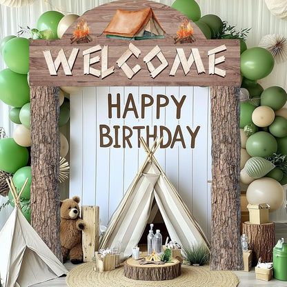 Peryiter 3 Pcs Camping Themed Party Decorations Banner Welcome Porch Sign with 1 Double Sided Tape for Summer Camp Birthday Hawaii Baby Shower Themed Party Activity Decor door (Forest Style)
