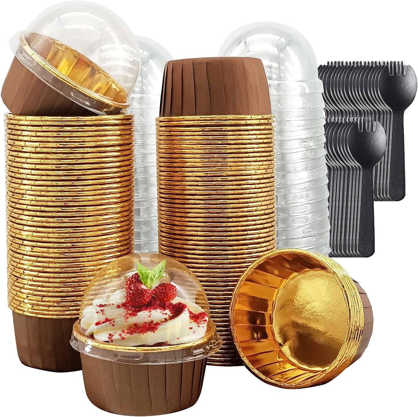 Cupcake Liners with Lids 50 Pack,LNYZQUS 5oz Large Foil Cupcake Cups Muffin Tins,Disposable Baking Cups Muffin Liners Wrappers Holders for Wedding Valentine-Pink in gold