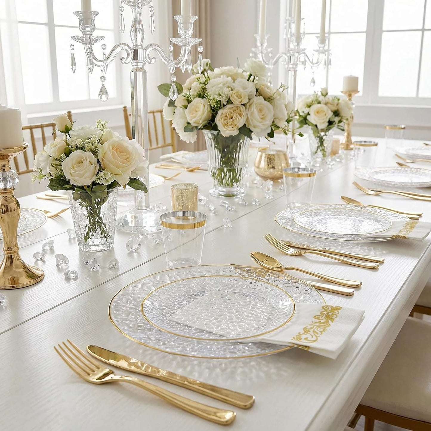 Rubtlamp 350 Pcs Clear Blue Plastic Plates, Blue Gold Plastic Dinnerware Set (50 Guests), Blue Disposable Plates With Gold Rim, Hammered Party Plates Set for Wedding And Party
