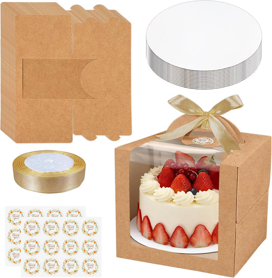 15PCS Brown 6x6x6 Inch Cake Boxes with Window Handle Boxes 6 Inch with Cake Boards for Gift Giving Elegant Paper with Ribbon Stickers for Weddings Birthdays Holidays Corporate Event Party Favors