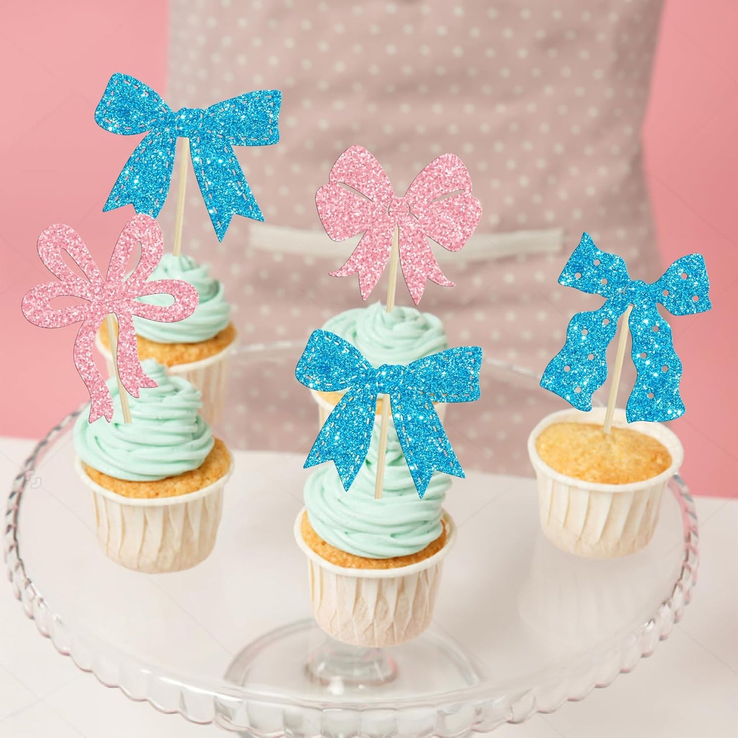 Ephlyn 24Pcs Pink Bow Cupcake Toppers Bow Birthday Cake Topper Girls Birthday Party Decorations Bowknot Cupcake Decorations for Bridal Wedding Themed Party Multi