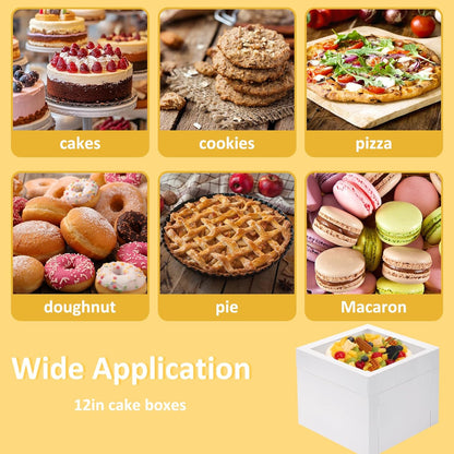 Moretoes 3 Pack Cake Boxes 12x12x8 Inch, Bakery Containers with Large Window, 12 Inch White Cake Carrier, Disposable Boxes for Birthday, Party, Cupcake Cookie Pie Pastry.