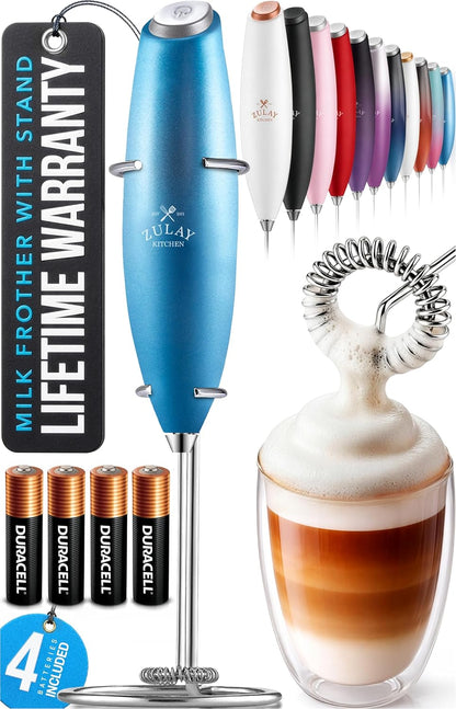 Zulay Kitchen Powerful Milk Frother Wand With Duracell Batteries - Ultra Fast Handheld Drink Mixer - Electric Whisk Foam Maker for Coffee, Lattes, Cappuccino & Matcha - Z1 Motor - Black - Colors D