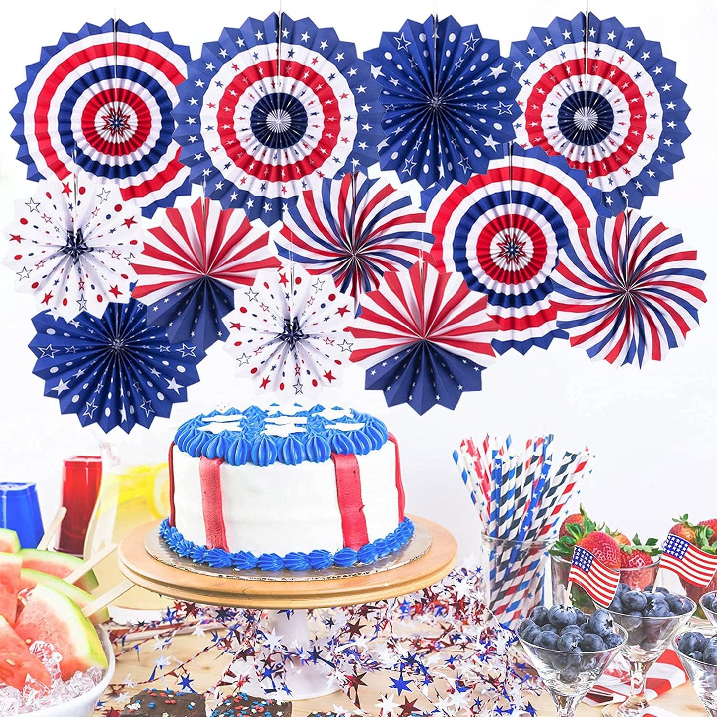 4th of July Patriotic Decorations - 12Pcs Hanging Paper Fan for USA Patriotic Decorations Independence Day Memorial Day American Theme Party Veterans Birthday Decor Supplies