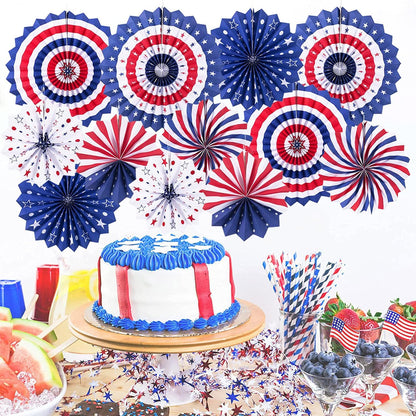 4th of July Patriotic Decorations - 12Pcs Hanging Paper Fan for USA Patriotic Decorations Independence Day Memorial Day American Theme Party Veterans Birthday Decor Supplies