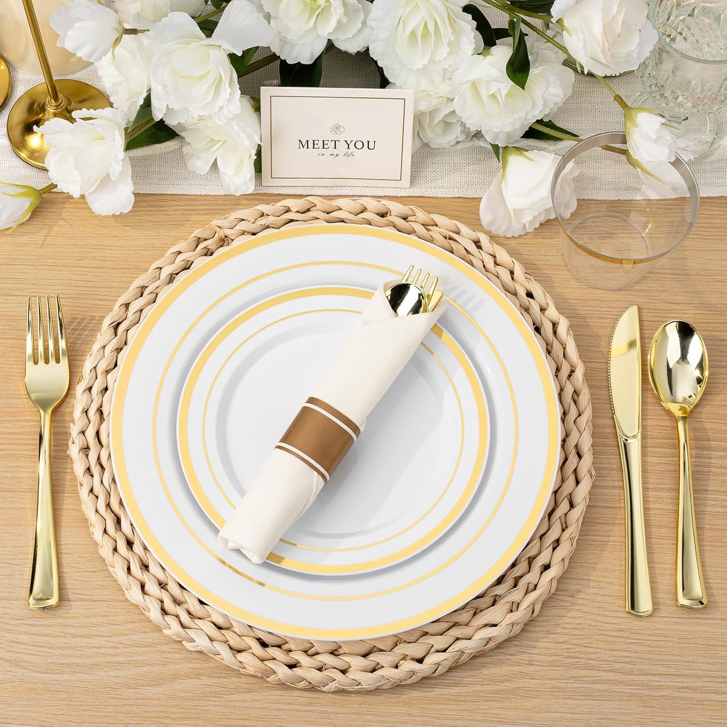 BESTVIP 350PCS Gold Plastic Dinnerware Set, Disposable Party Plates for 50 Guests, Include: 100 Plastic Plates, 50 Pre Rolled Napkins with Gold Silverware, 50 Cups