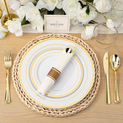 BESTVIP 350PCS Gold Plastic Dinnerware Set, Disposable Party Plates for 50 Guests, Include: 100 Plastic Plates, 50 Pre Rolled Napkins with Gold Silverware, 50 Cups