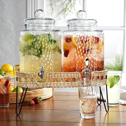 1.5 Gallon Glass Drink Dispenser for Parties 3 PACK Beverage Dispensers with Stand, Glass Water Jug Dispenser, with 18/8 Stainless Steel Spigot, Great for Party, Wedding, Picnic, BBQ Wicker Design
