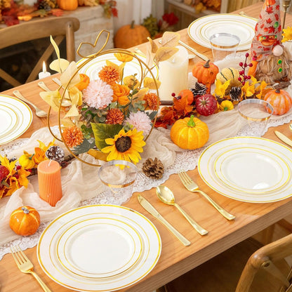 WELLIFE 350-Piece Gold Disposable Plates and Cutlery Set - Premium 10.25" Dinner Plates, 7.5" Dessert Plates, 9oz Cups & Cutlery for Weddings, Catering Events - 50 Guest Service - Elegant & Sturdy