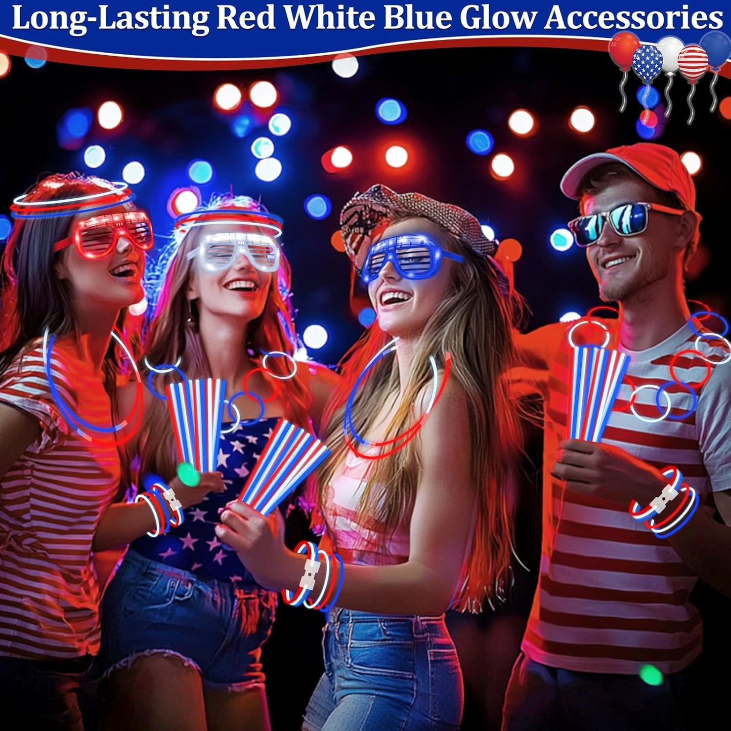 TURNMEON 248 Pcs 250th Anniversary 4th of July Light Up Party Favors, 24 Red White Blue Glasses 200 Patriotic Glow Sticks Bulk with Connectors Glow in the Dark Party Supplies Independence Day Decor