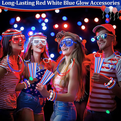 TURNMEON 248 Pcs 250th Anniversary 4th of July Light Up Party Favors, 24 Red White Blue Glasses 200 Patriotic Glow Sticks Bulk with Connectors Glow in the Dark Party Supplies Independence Day Decor