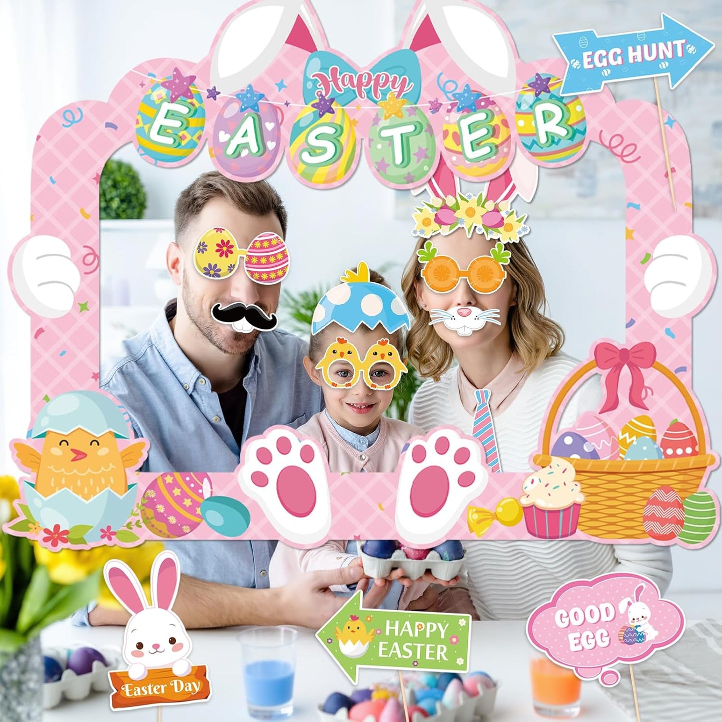 HOWAF Easter Photo Booth Props, 25pcs Happy Easter Party Decorations Photoshoot Props with Photo Frame, Egg Bunny Selfie Props for Spring Easter Photography