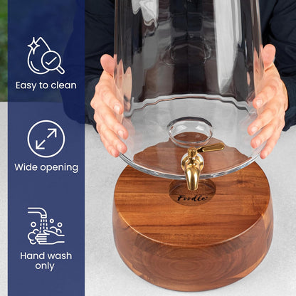 FOODLE Large Glass Drink Dispenser with Spigot - Glass Beverage Dispenser with Stand - Perfect for Parties & Weddings - Pitcher for Lemonade, Water, Sangria, Punch & Juice - Leakproof - 1.72 Gallon