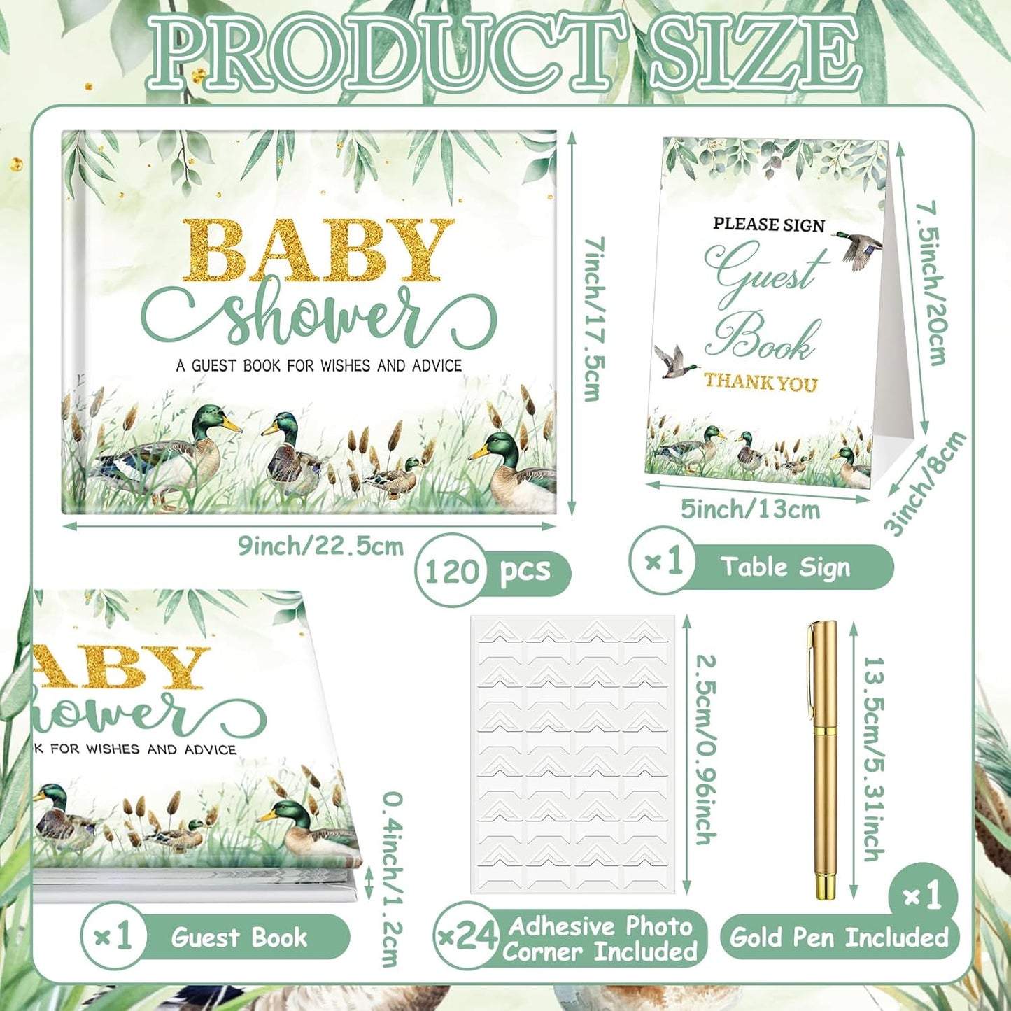 Fuyoooo 27 Pcs Safari Animal Baby Shower Guest Book Set Baby Shower Sign in Guest Floral Book Place Table Cards with Gold Pen Adhesive Photo Corner for Birthday Party