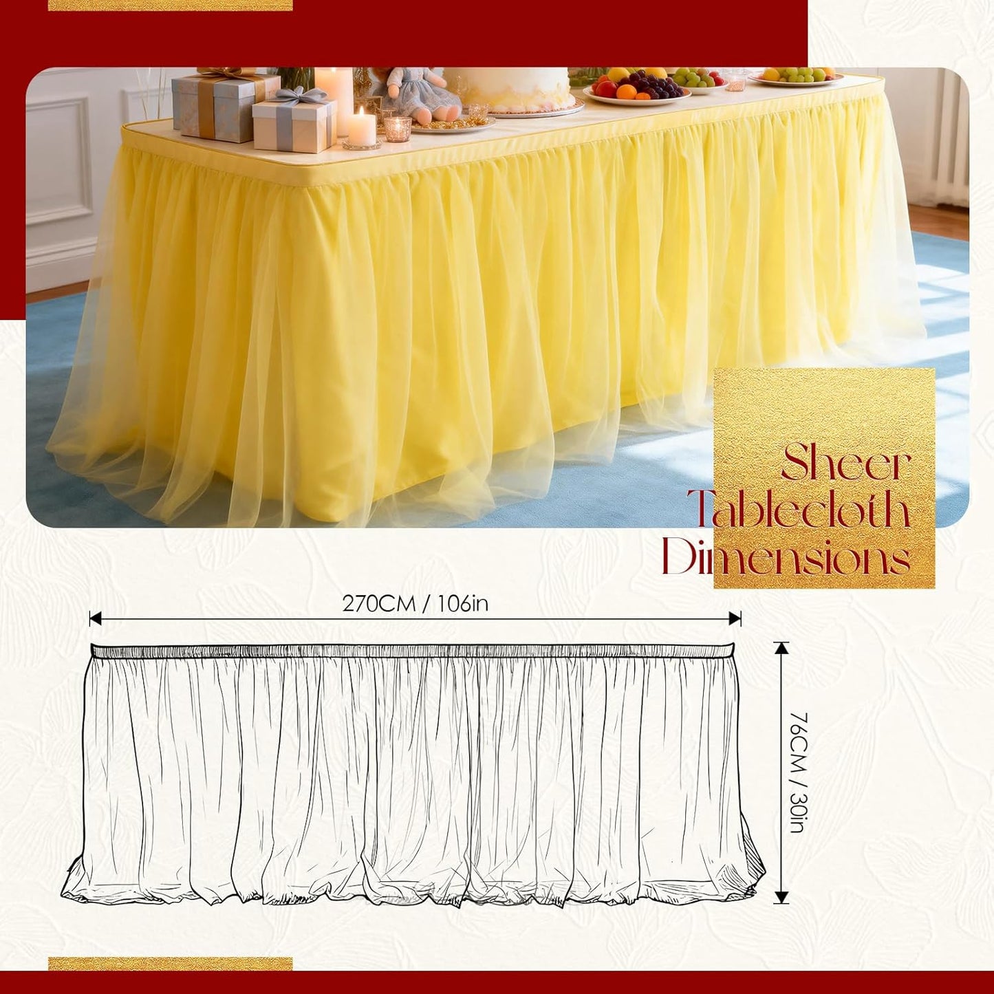 THARAHT Tulle Table Skirt 6FT 180CM Long for Rectangle Tables Round Tables Ruffle Desk Skirt for Princess Girls Birthday Party Cake Dessert Decorations Table Skirt