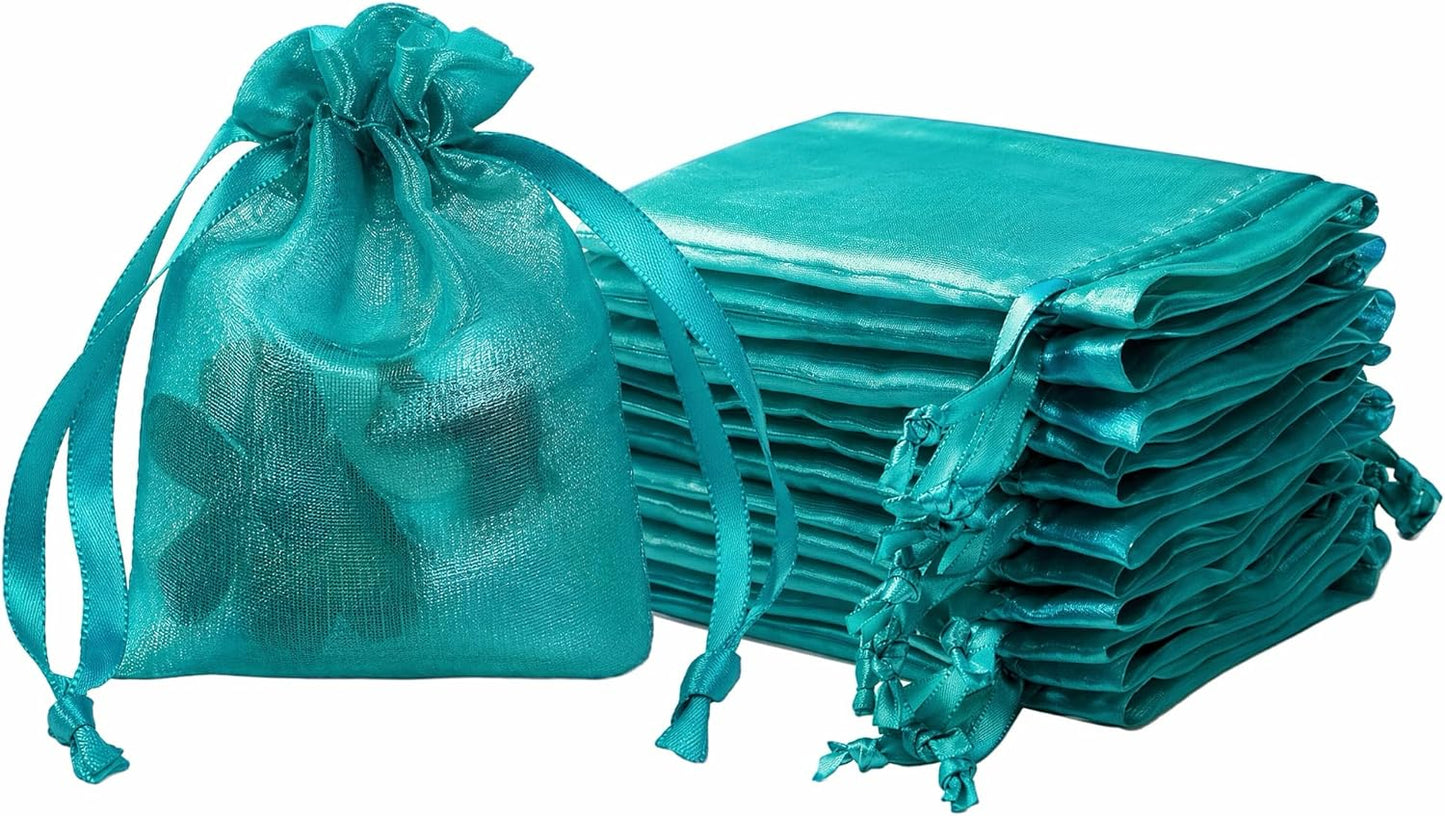 QIANF 20 Pcs Peacock Blue Small Organza Bags 3X4 inch for Wedding Favors with Drawstring, Mini Mesh Gift Bags Jewelry Pouch for Candy Bridal Shower Party Favor Baby Shower Christmas