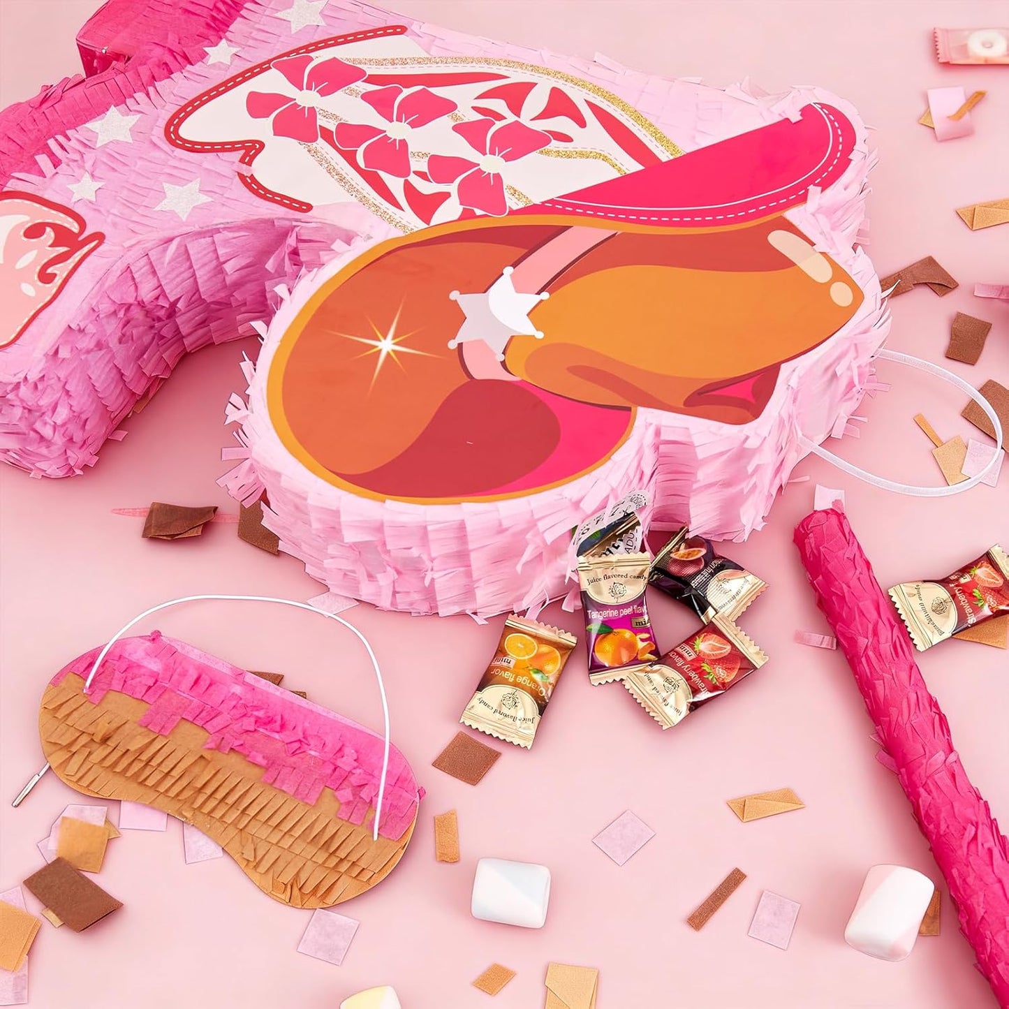 Pink Cowgirl Boot Piñata Set with Bat and Blindfold, 15.7 x 11 in Western Cowgirl Birthday Party Decorations, Girls Theme Party Piñata for Candy & Treats