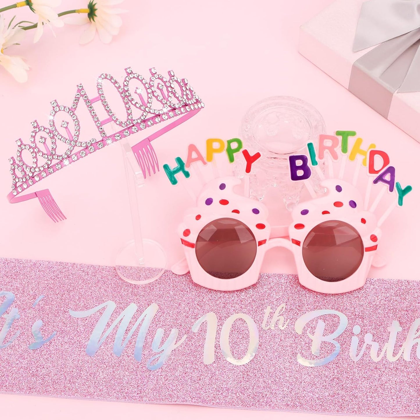 YARIEW 3rd Birthday Decorations, 3rd Glitter Purple Sash and Crown Kit with Happy Birthday Sunglasses, Tiara Princess Crown and Sash Party Outfit Accessory