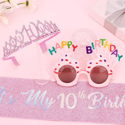 YARIEW 3rd Birthday Decorations, 3rd Glitter Purple Sash and Crown Kit with Happy Birthday Sunglasses, Tiara Princess Crown and Sash Party Outfit Accessory