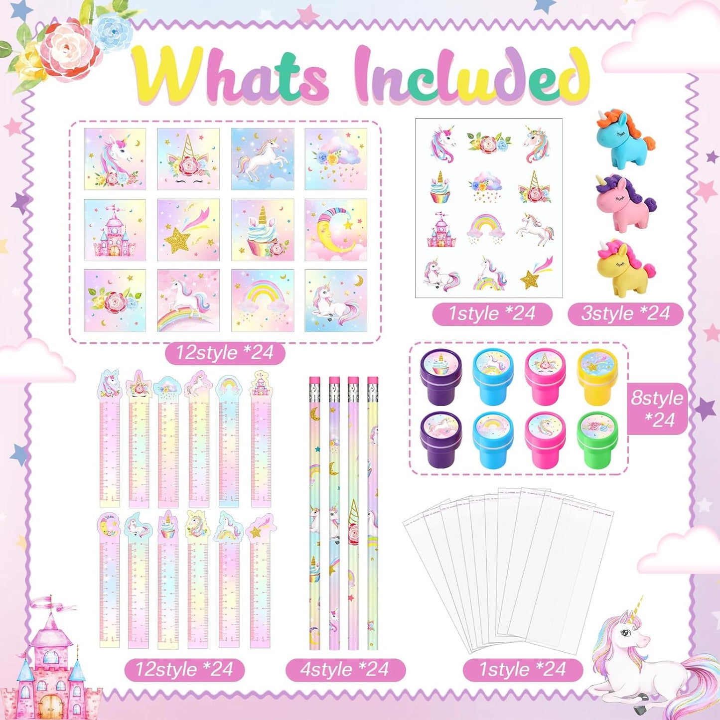 PerKoop 168 Pcs Unicorn Valentine's Day Favors Unicorn Goodie Favor Bags with Mini Notebook Pencil Sticker Stamp Pastel Rainbow Birthday Decor Prizes Gifts Goody Favors Bag Piñata Fillers Supplies