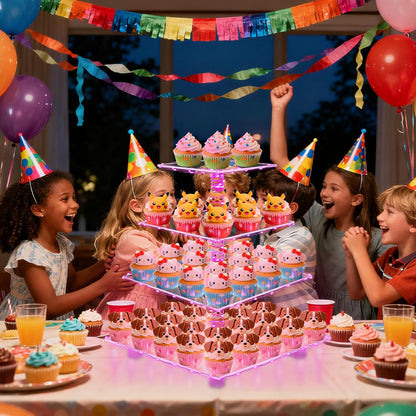 YestBuy Cupcake Stand with Yellow Led Lights, 4 Tier Cupcake Stand for 50 Cupcakes, Acrylic Cupcake Tower Stand, Clear Tiered Cupcake Holder for Birthday Cady Bar Décor Weddings, Parties Events