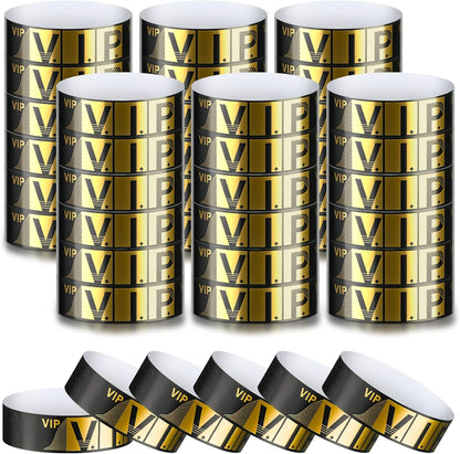 200 Pack VIP Wristbands for Events VIP Bracelets Paper Waterproof Party Wristbands for Events Amusement Parks Concerts Fairs Festivals, 0.79 x 10 Inch(Gold)