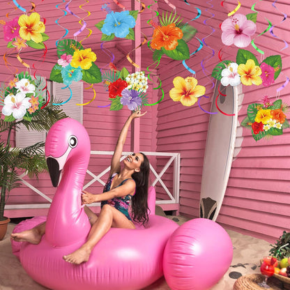 Outus 30 Pieces Hawaiian Luau Birthday Party Hanging Swirl Decorations, Flower Tropical Palm Flamingo Sign Foil Ceiling Decor for Floral Tropical Party Summer Beach Pool Tiki Supplies(Summer)