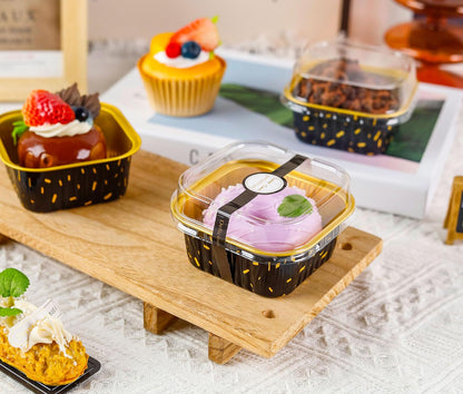 NPLUX 50 Pcs Mini Cake Pans with Lids and Spoons Aluminum Foil Mini Square Baking Cups with Lids Disposable Ramekins Cake Pans Dessert Cups for Wedding Mothers Day Gifts Party Favors(Pink,5oz)