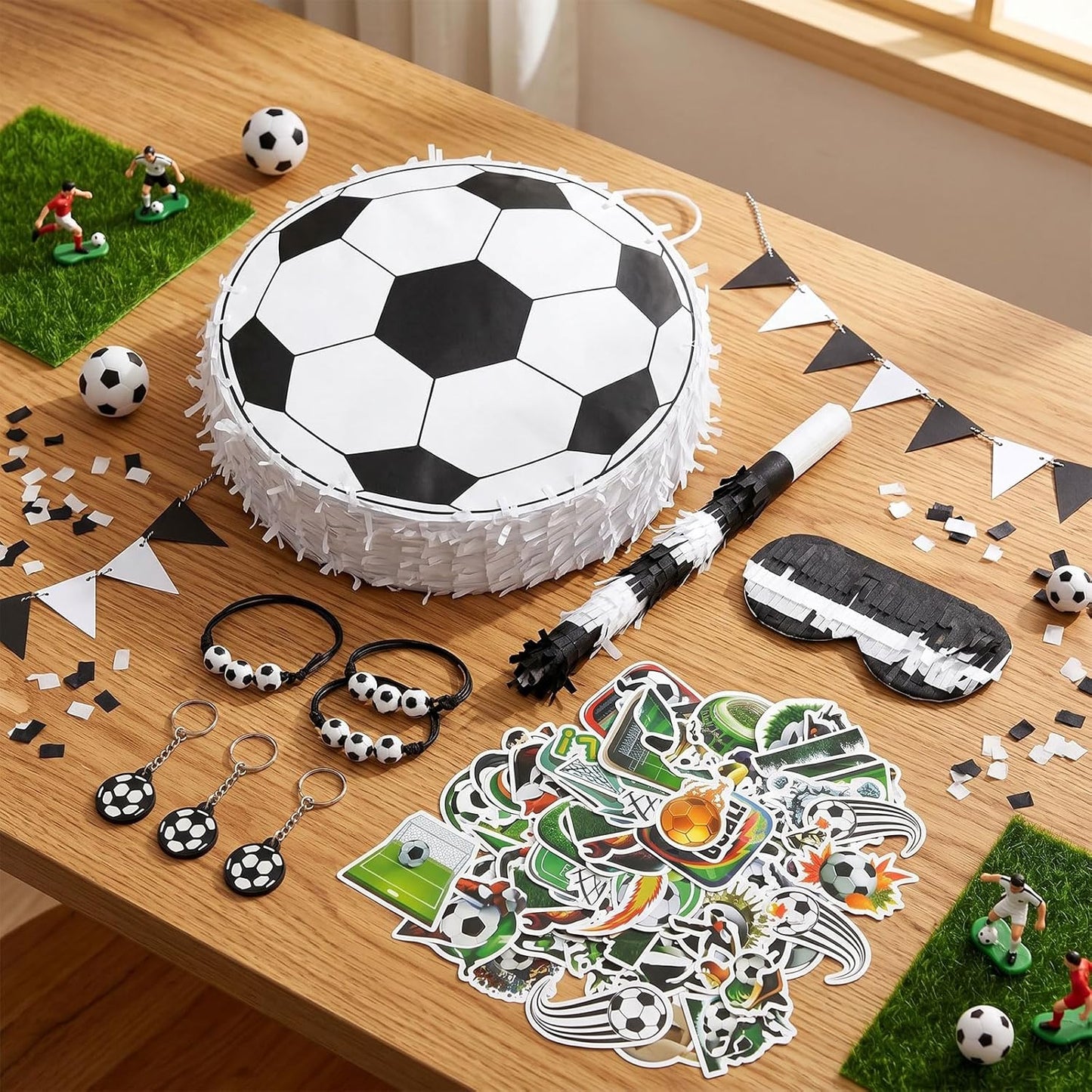 78 Pcs Soccer Piñata Set Soccer Party Favors Include Ball Pinata Blindfold Stick Confetti and Sports Bracelets Mini Keychains Bulk Stickers for Adult Sports Themed Birthday Decorations Party Supplies
