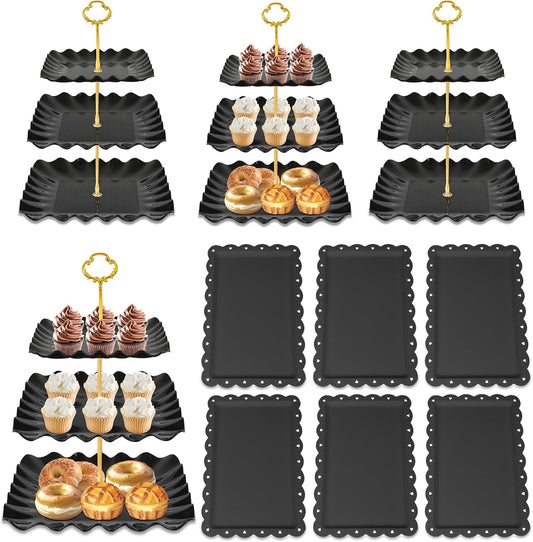 10 Pack Dessert Table Display Set - 4 x Three-Tier Square Cupcake Stands and 6 x Serving Trays, Elegant Tableware for Cakes, Cupcakes, Pastries, and Snacks, Perfect for Parties (White)