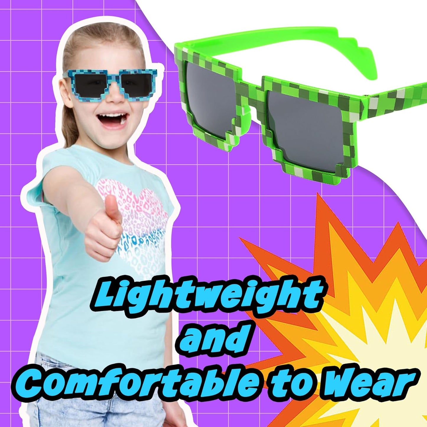 kilofly 10pc 8-Bit Pixel UV Protect Gamer Sunglasses Adult Kids Party Favors