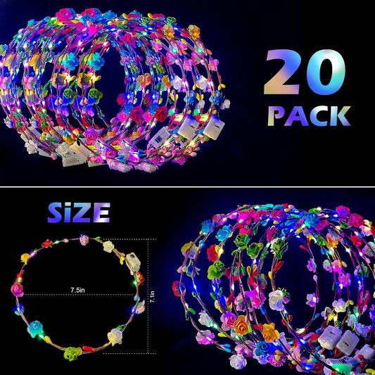QSJQllo 50 Pcs LED Flower Crowns Headbands,Flower Crowns For Women,Mardi Gras Light Up Headbands Tiara Flower Crown Accessories for Wedding Beach Party Birthday Cosplay Halloween Christmas Day