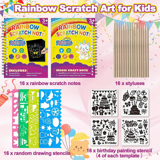 HXDOGSP Scratch Art for Kids: 24 Pack Rainbow Scratch Paper Party Favors - Art Crafts Notebook Suitable for Birthday Gifts/School Crafts Kit/Classroom Prizes for Girls and Boys Aged 4-12