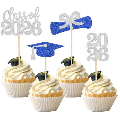 36 PCS 2026 Graduation Theme Cupcake Toppers Glitter Class of 2026 Grad Cap Diploma Cupcake Picks 2026 Graduation Theme Party Cake Decorations Supplies Deep Blue