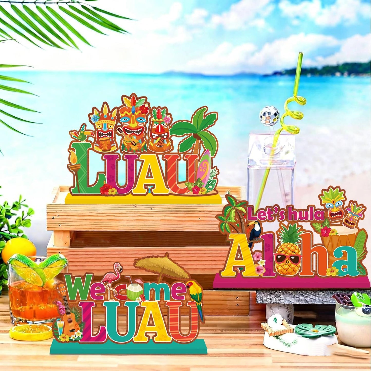 4 Pcs Luau Party Decorations Wooden Table Decorations Tiki Bar Aloha Table Centerpieces Tropical Luau Welcome Wood Signs Hawaiian Party Decorations for Summer Beach Party Decor