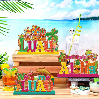 4 Pcs Luau Party Decorations Wooden Table Decorations Tiki Bar Aloha Table Centerpieces Tropical Luau Welcome Wood Signs Hawaiian Party Decorations for Summer Beach Party Decor