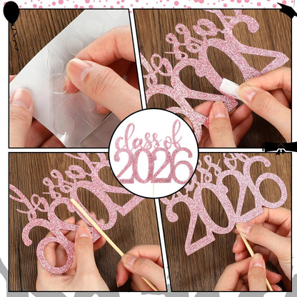 Amyhill 24 Pcs 2026 Graduation Decorations Class of 2026 Graduation Centerpiece Sticks Glitter Double Sided for Table Grad Party Decorations for Vase Table Toppers Supplies(Black)