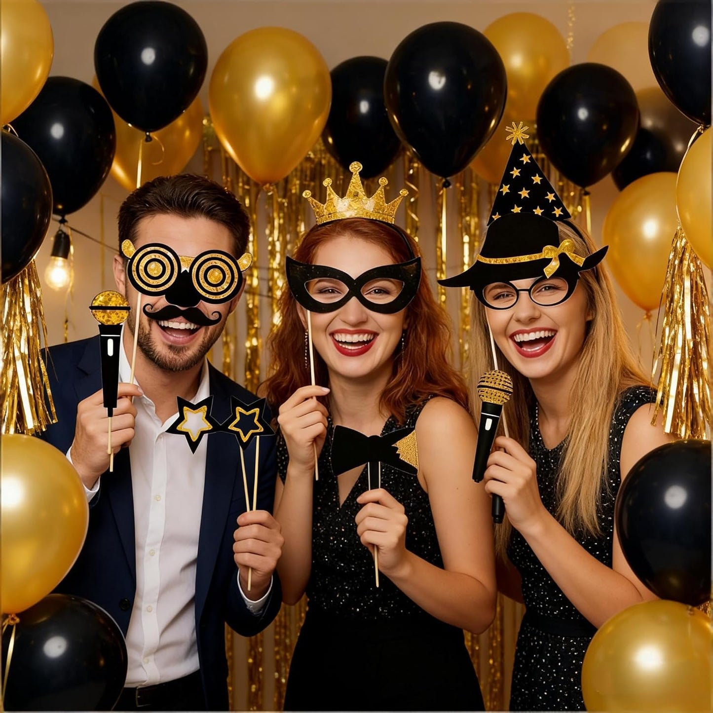 Fnuqz Black Gold Birthday Photo Booth Frame 23Pcs Photo Booth Props Set Party Selfie Birthday Party Decorations Funny Cute Selfie Supplies