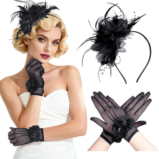 Fascinators Hats for Women and Tea Party Gloves Set, Headband with Feather Pearl Veil for Wedding Cocktail Dresses