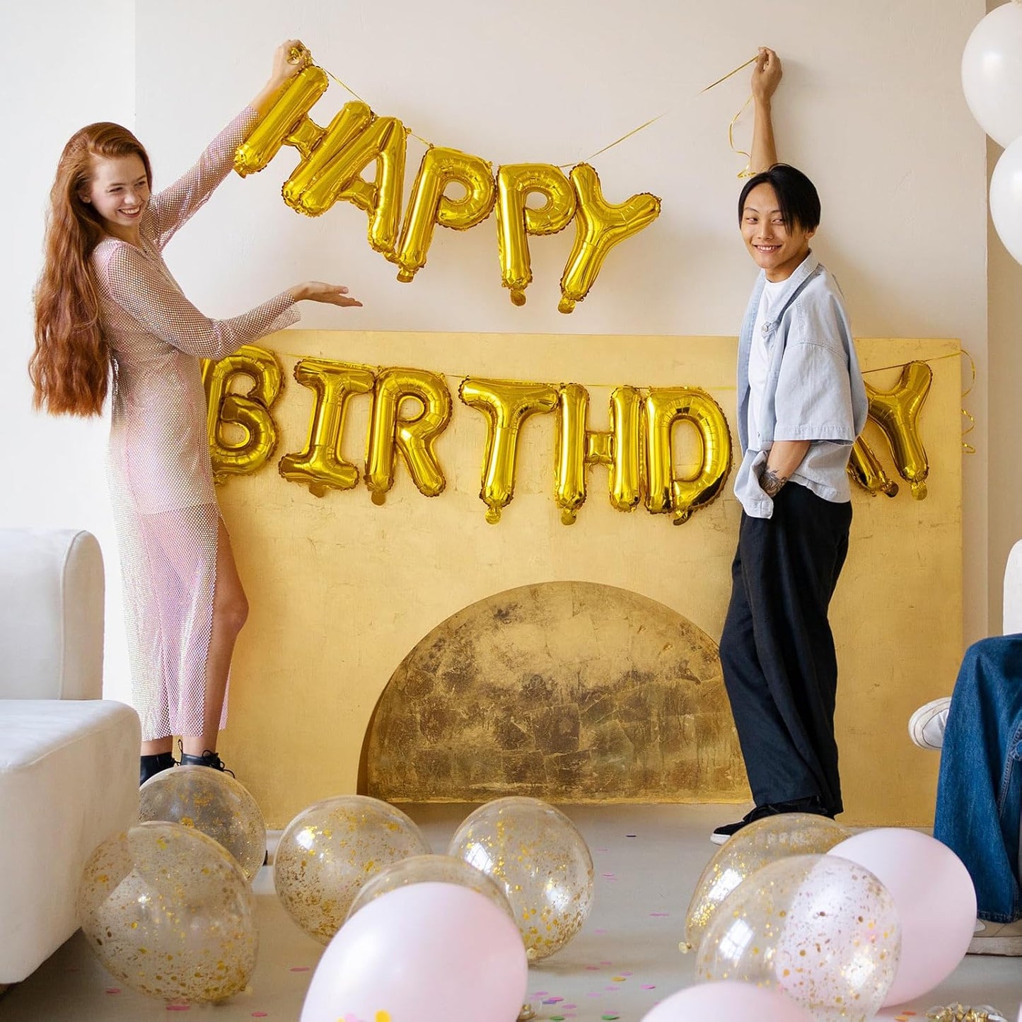 Happy Birthday Balloons Banner, Foil Balloon Personalized Name Letters Balloons Sign Birthday Party Decorations for Women Men Boys Girls Cream