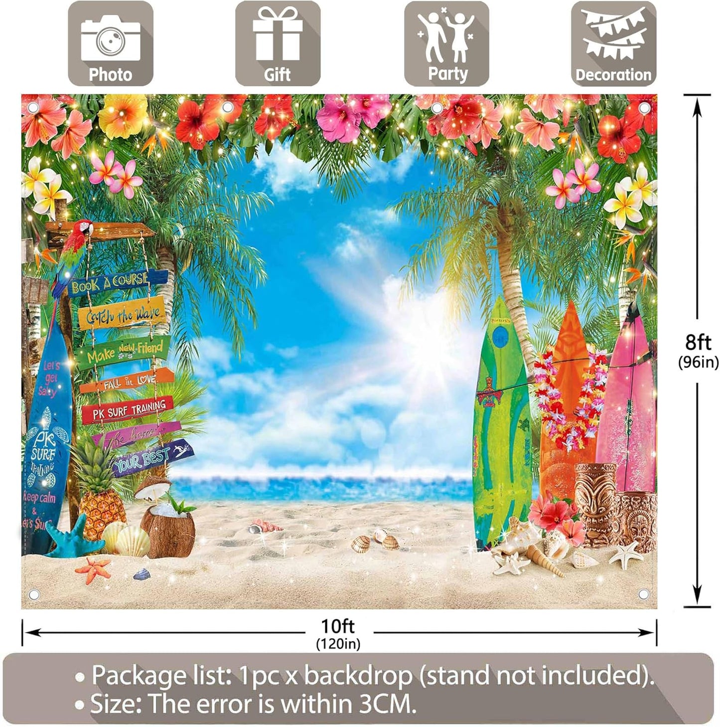 7x5ft Summer Hawaiian Beach Photography Backdrop Tropical Flower Palm Leaves Surfboard Background for Luau Aloha Party Decoration Banner Photo Booth