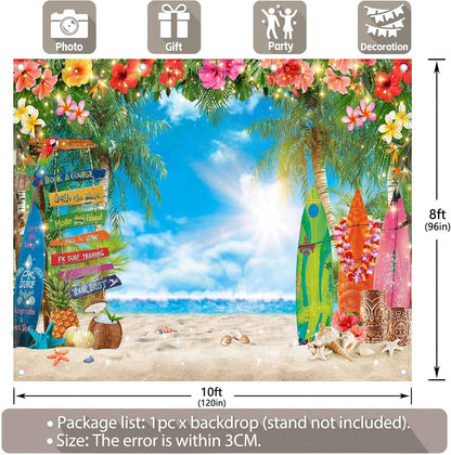 7x5ft Summer Hawaiian Beach Photography Backdrop Tropical Flower Palm Leaves Surfboard Background for Luau Aloha Party Decoration Banner Photo Booth