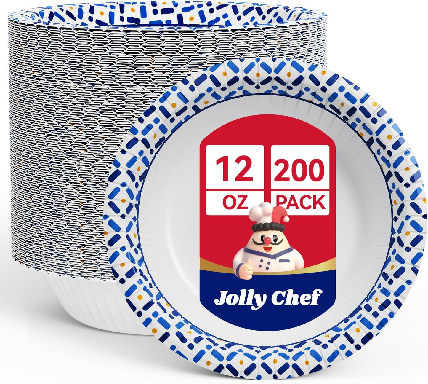 JOLLY CHEF 12 oz Paper Bowls 200 Count, Soak-Proof, Heavy Duty Small Disposable Bowls Bulk for Snacks, Desserts, Breakfast, Lunch, and Party Use
