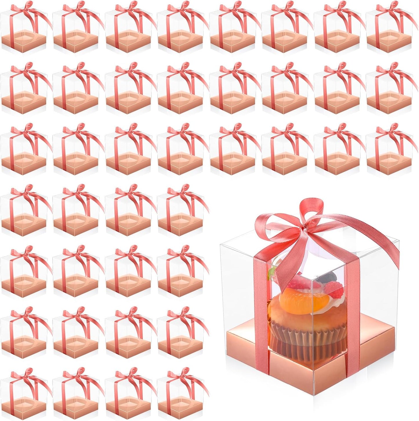 Thenshop 50 Pcs Clear Cupcake Boxes Individual 3.5 Inch Plastic Single Cupcake Containers Boxes with Inserts and Ribbon Individual Cake Storage Holders for Cake Kitchen(Dark Blue)