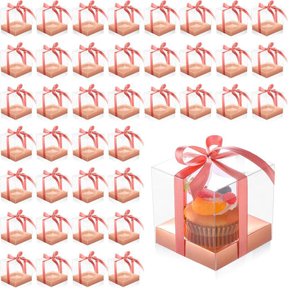 Thenshop 50 Pcs Clear Cupcake Boxes Individual 3.5 Inch Plastic Single Cupcake Containers Boxes with Inserts and Ribbon Individual Cake Storage Holders for Cake Kitchen(Dark Blue)
