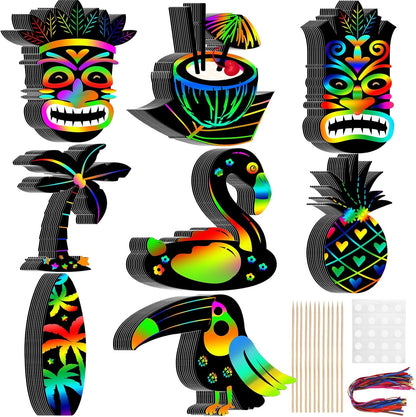 Motionchic 80 Pieces Hawaiian Luau Party Scratch Cards Rainbow Tropical Party Paper Crafts for Kids with Wooden Stick and Ribbon for Summer Birthday Party Tiki Party Supplies