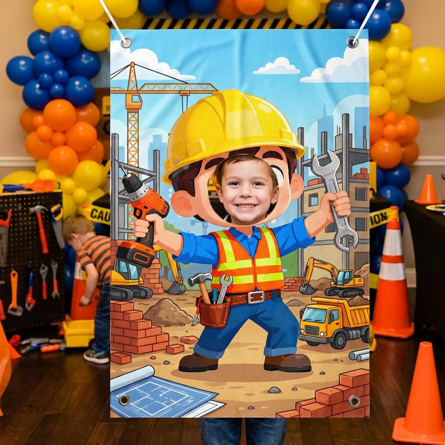 Serencatcher Engineer Party Decorations Photo Prop Backdrop 5x3.3ft Engineer Theme Cutout Backdrop Photo Booth Props Face in Hole Background Banner for Birthday Baby Shower Party Supplies Selfie Frame